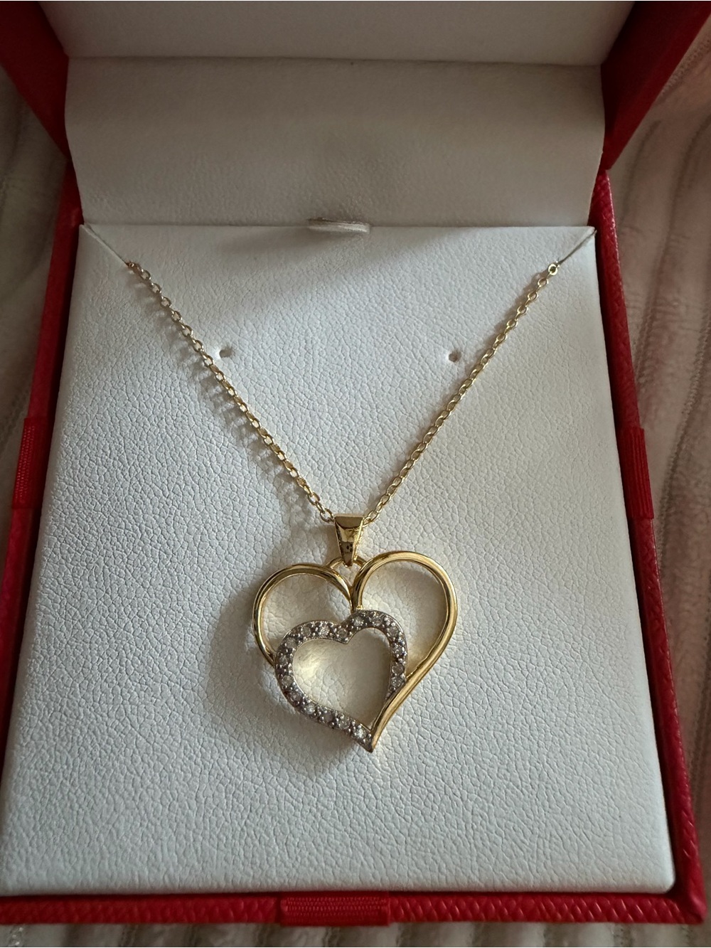 Gold Double Heart Pendant Necklace with CZ Accents - Women Jewelry